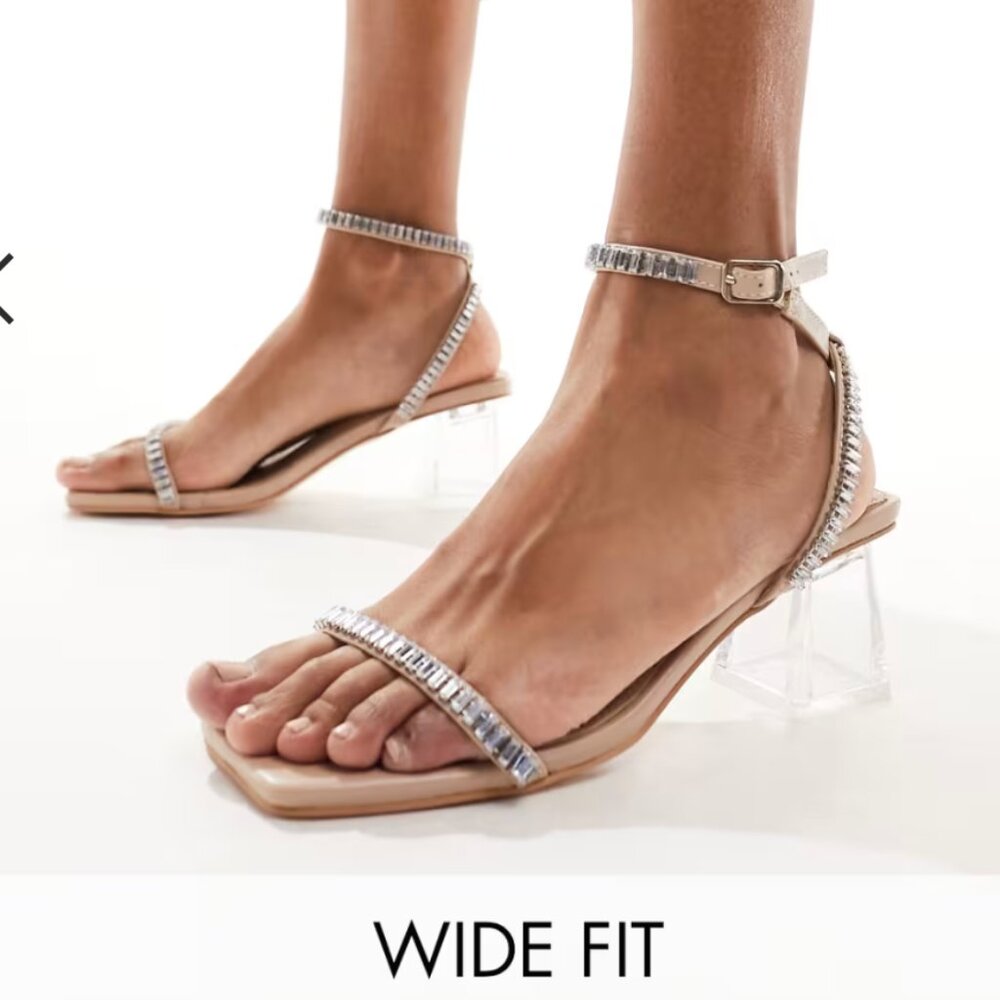 Public Desire Blush Nude Heeled Sandals with Rhinestone Straps Wide Fit